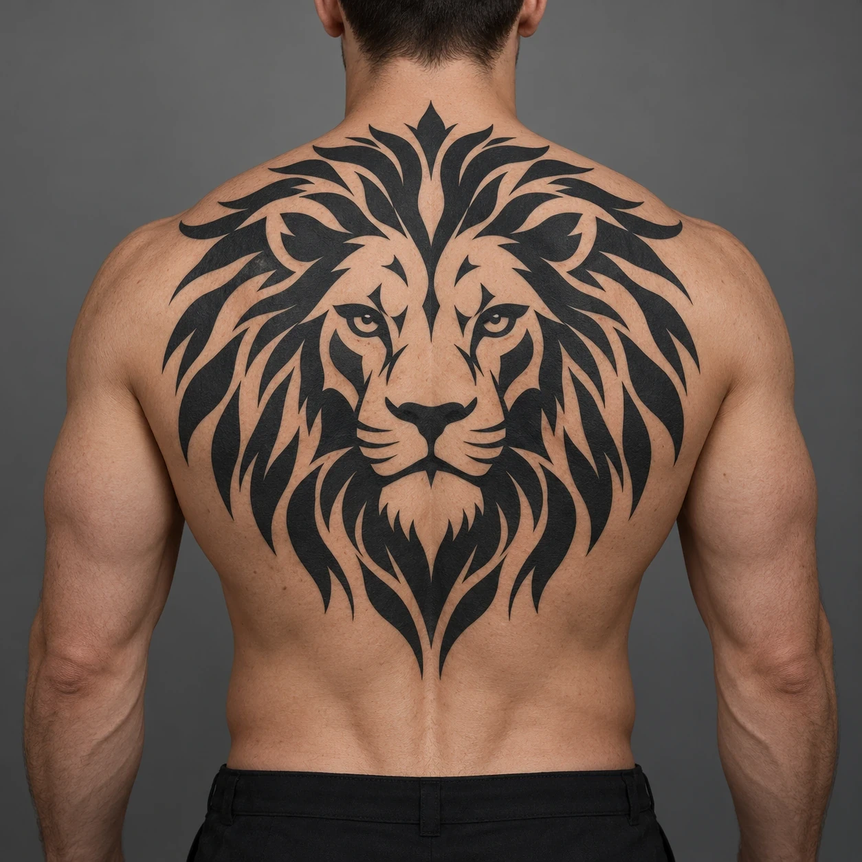 Stylized blackwork lion face with open skin gaps across a man's upper back