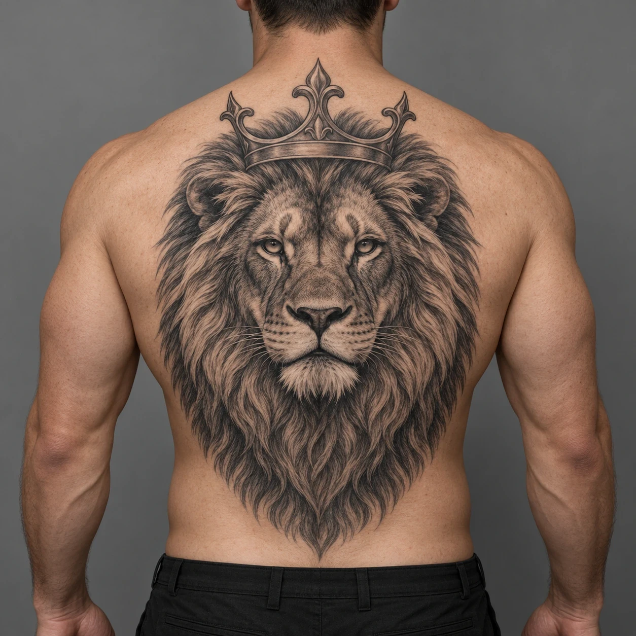 Front-facing lion wearing a simple crown centered on a man's back