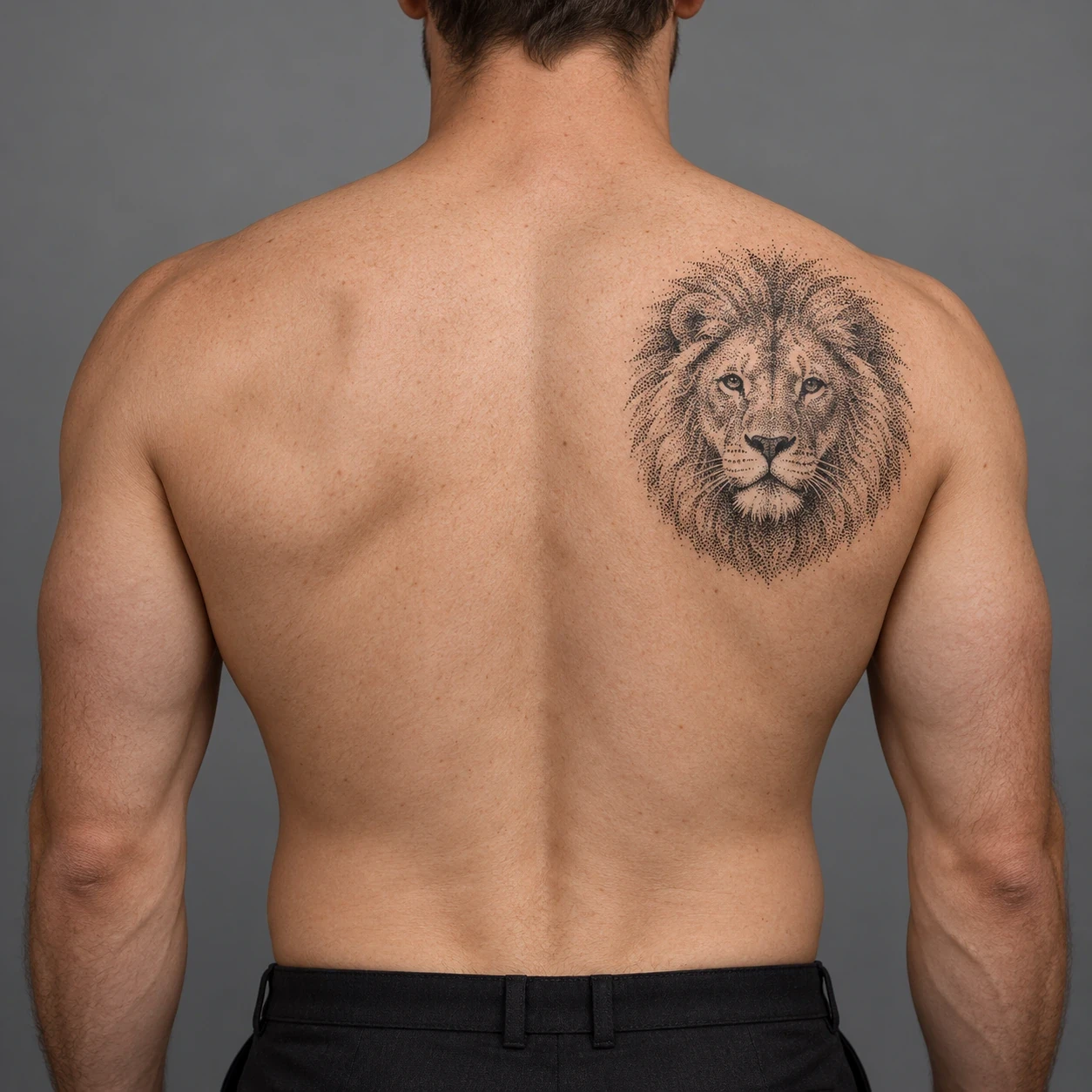 Lion portrait shaded with stippled dots on a man's right shoulder blade