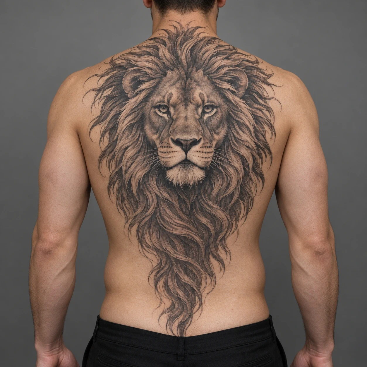 Large lion face with a long flowing mane extending down a man's back
