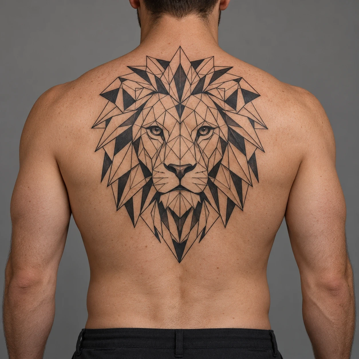 Lion face built from triangular black linework across a man's upper back