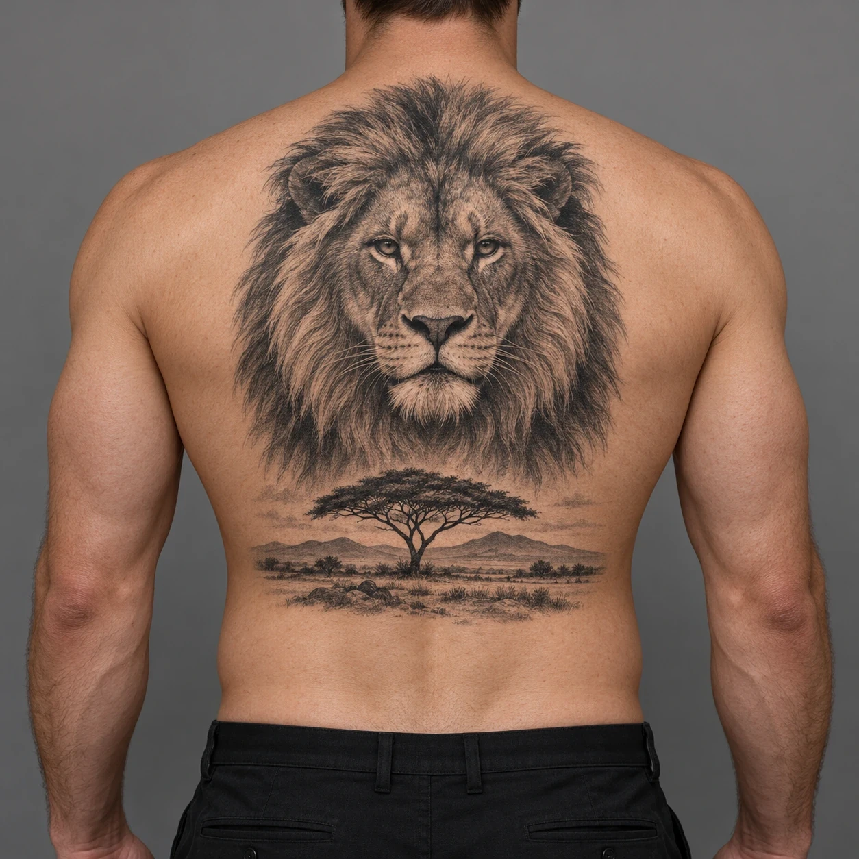 Lion portrait above a small acacia-tree landscape on a man's back