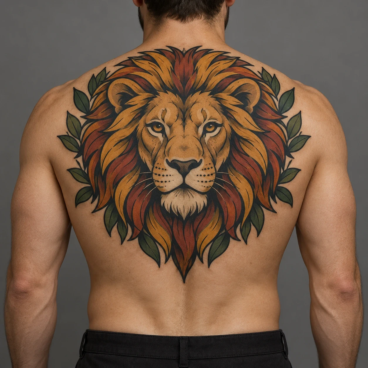 Gold and rust lion head with bold dark outlines across a man's upper back