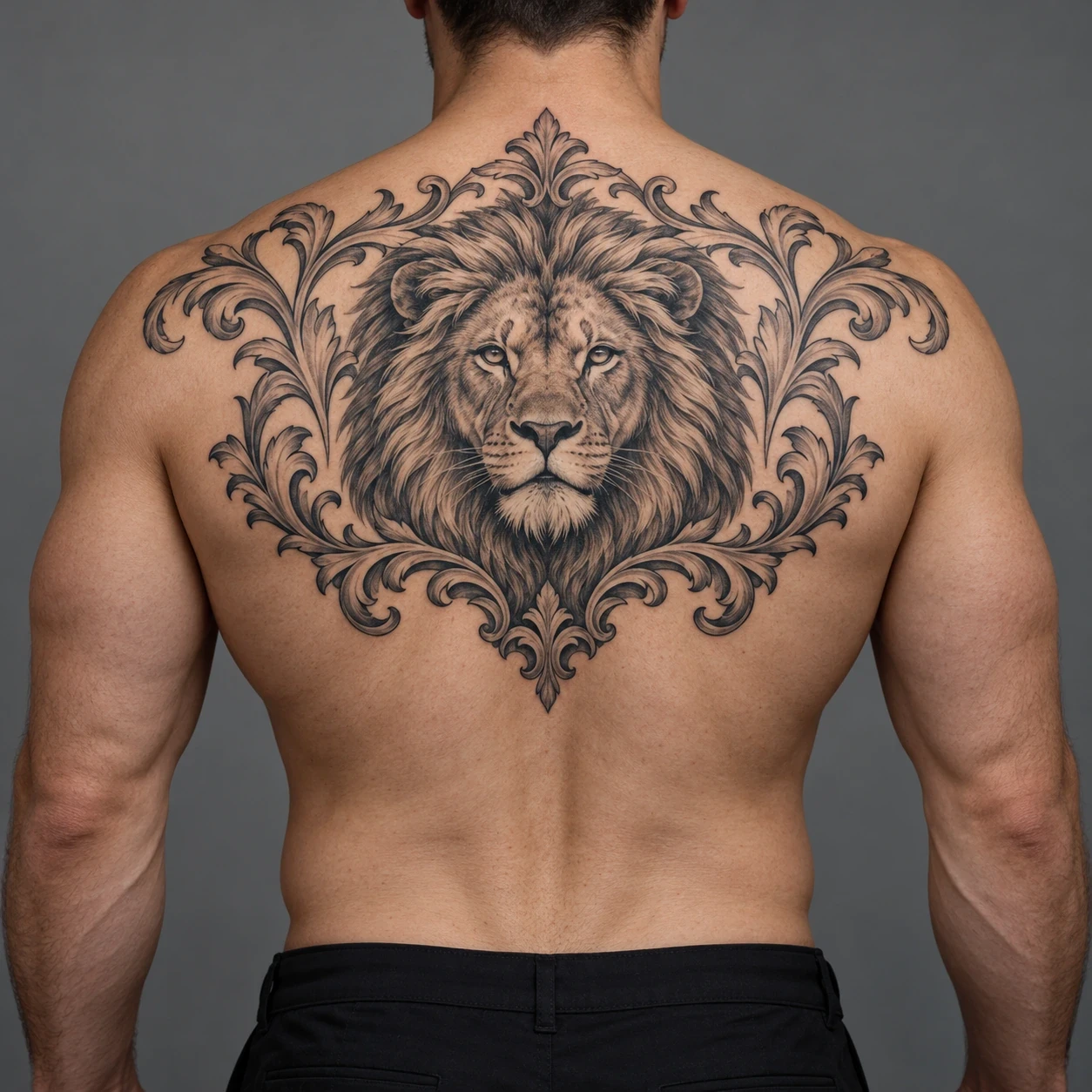 Lion head inside a symmetrical ornamental frame across a man's upper back