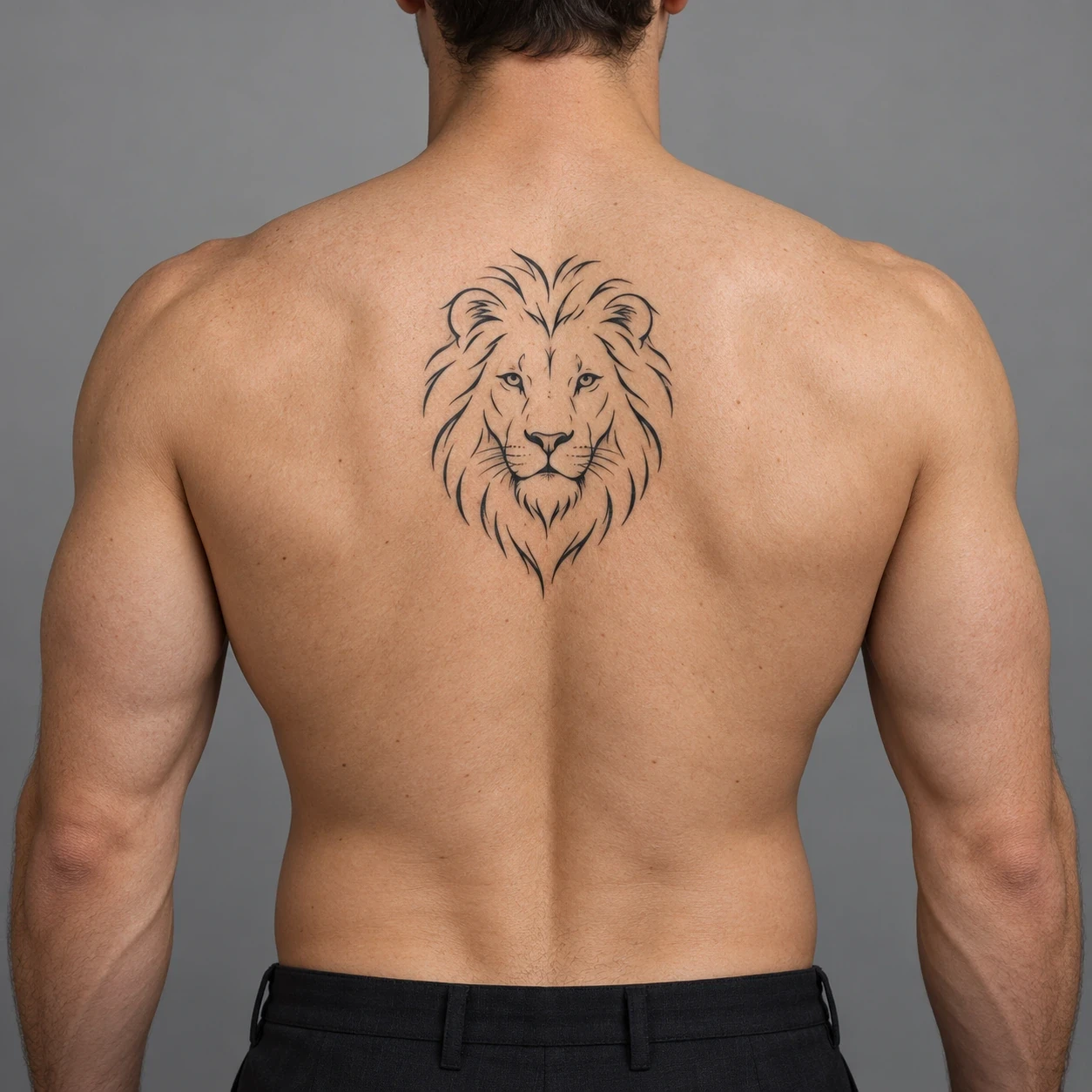 Simplified lion head drawn with open black outlines on a man's upper back