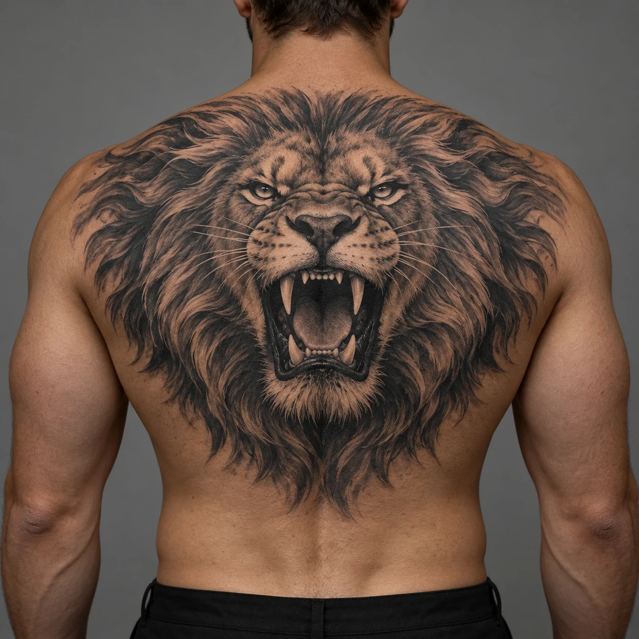 Roaring lion head with an open mouth and bold shading across a man's upper back