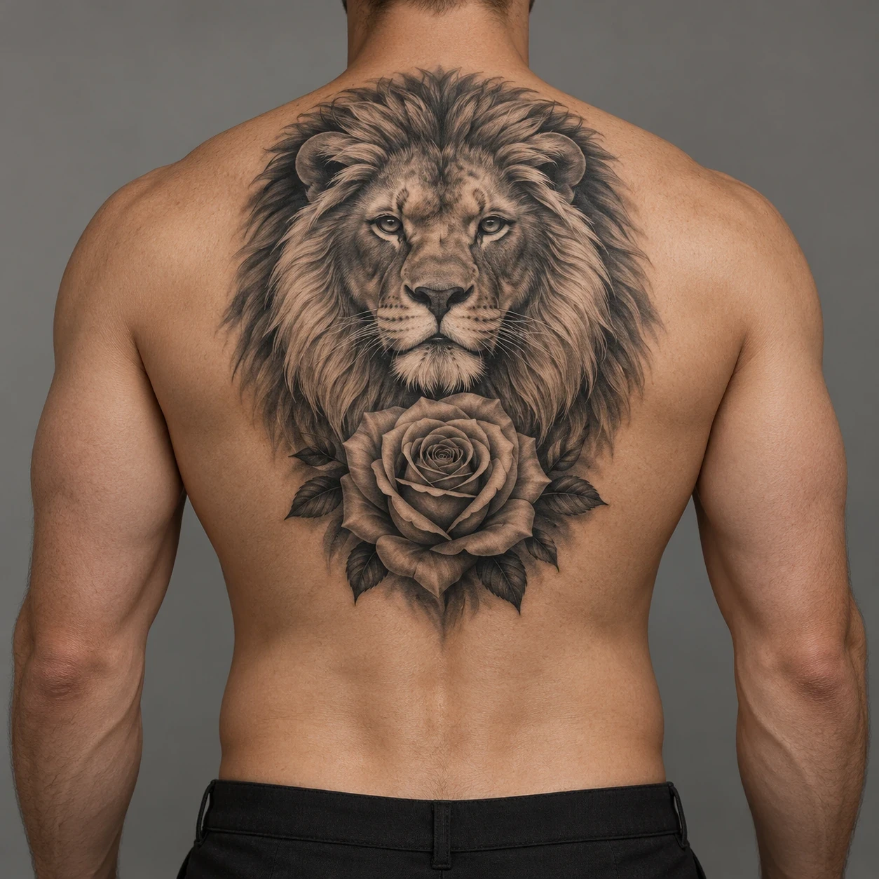 Black and grey lion portrait above a single rose on a man's upper back