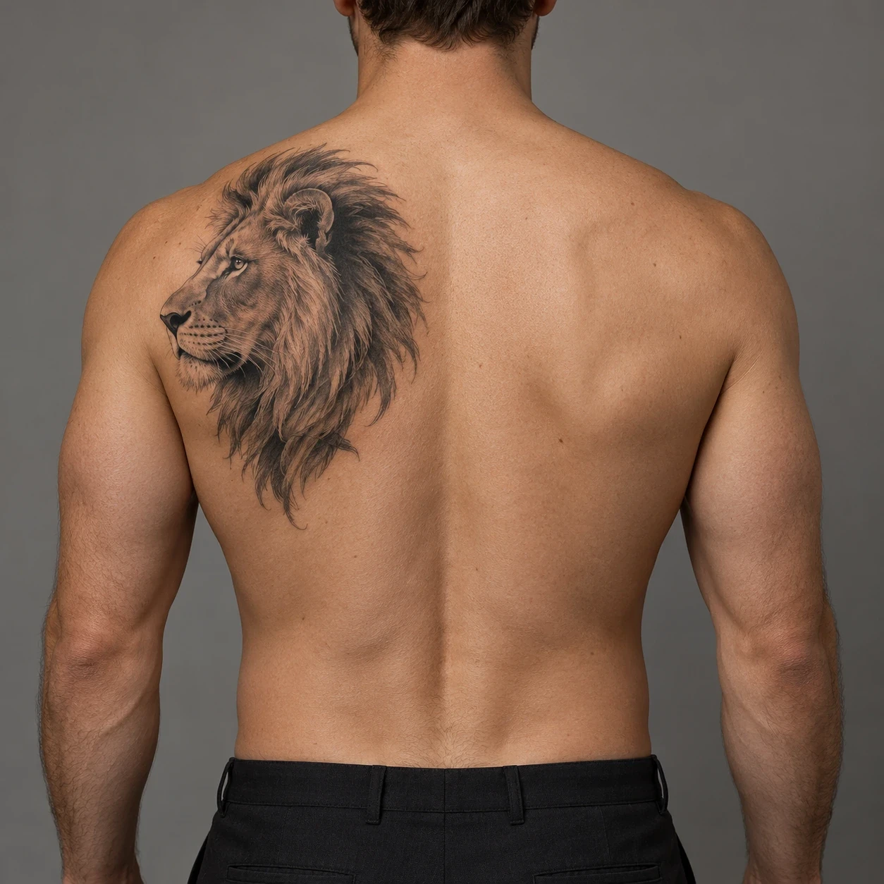 Side-profile lion portrait on a man's left shoulder blade