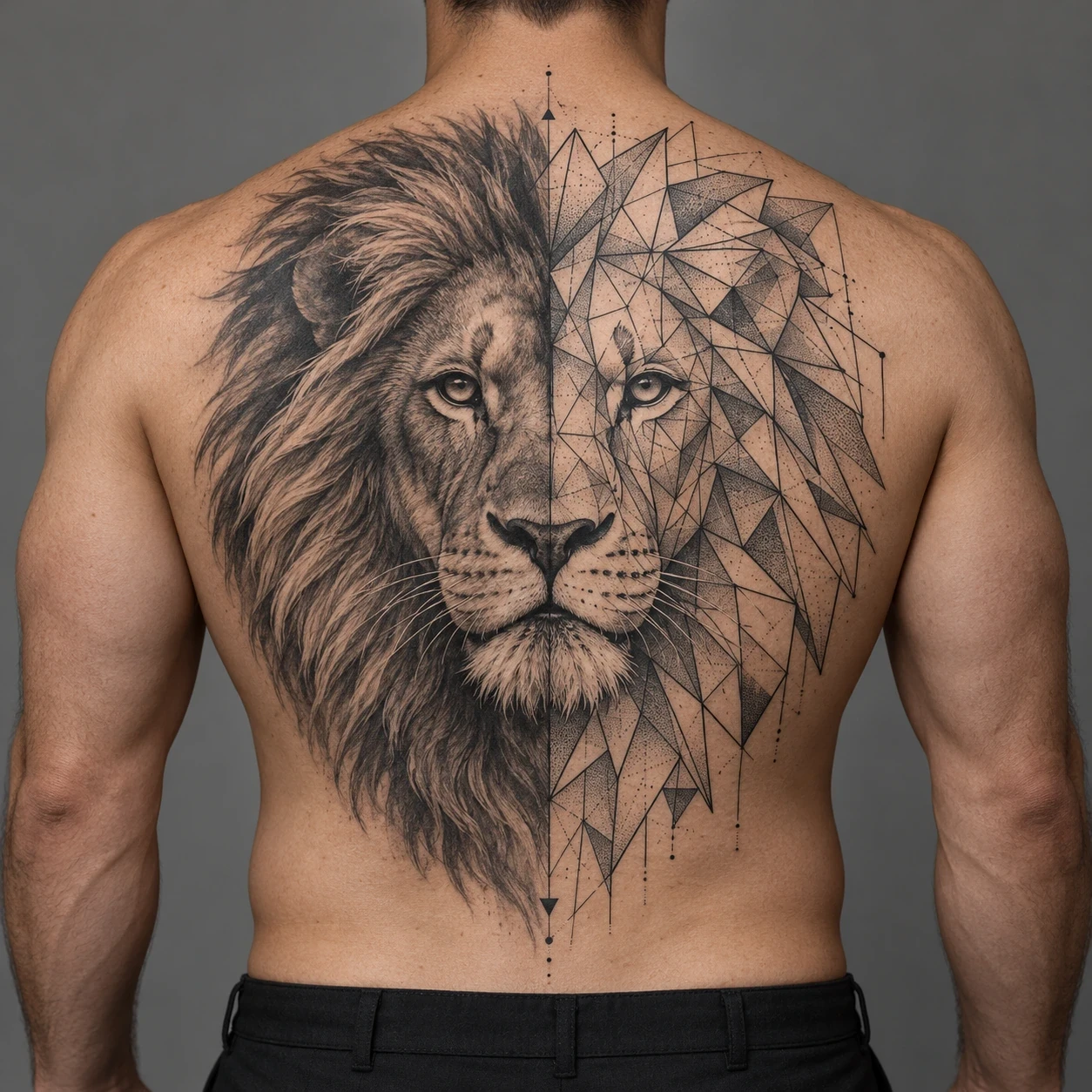 Lion portrait divided between grey shading and geometric linework on a man's back