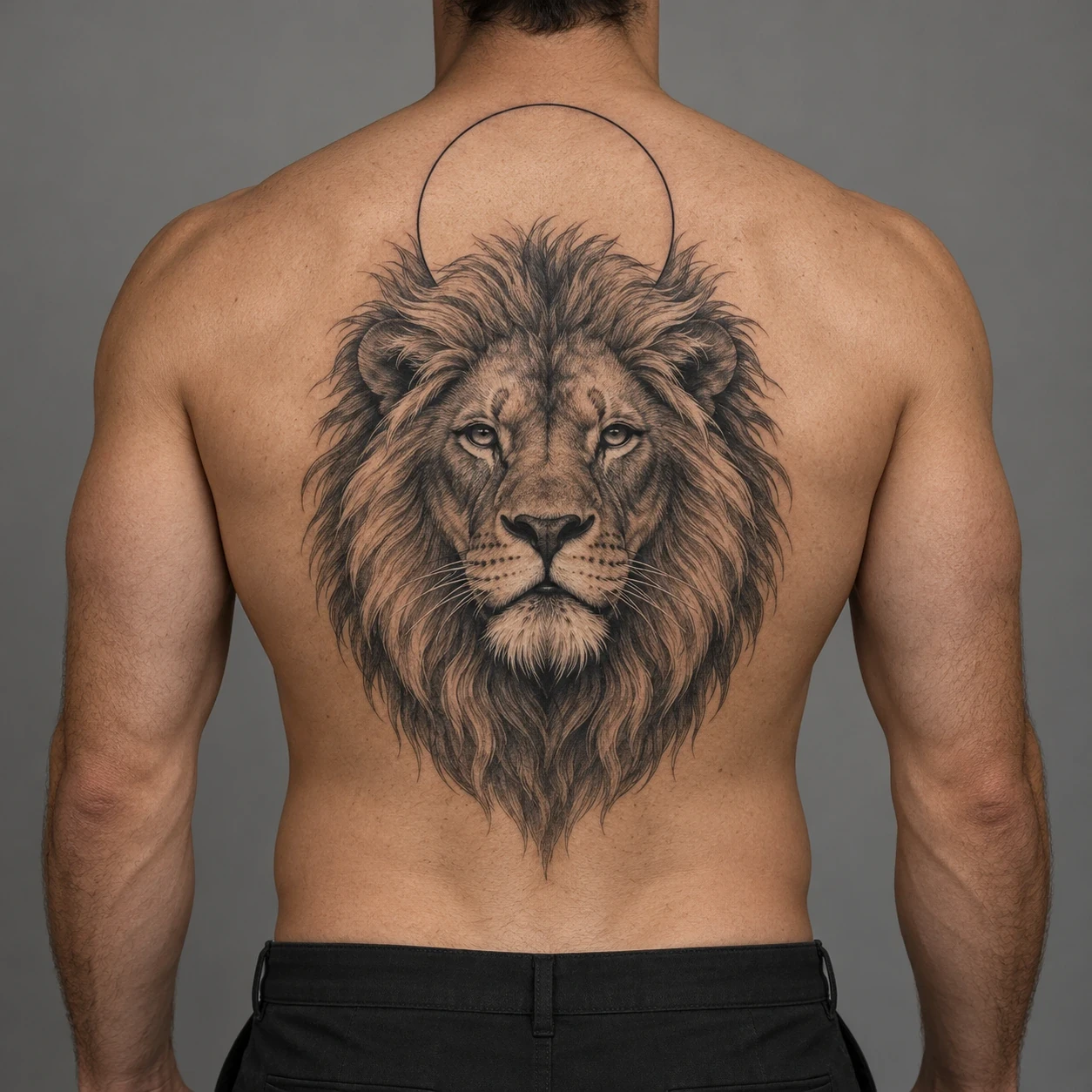 Lion face beneath a plain circular sun disc centered on a man's back
