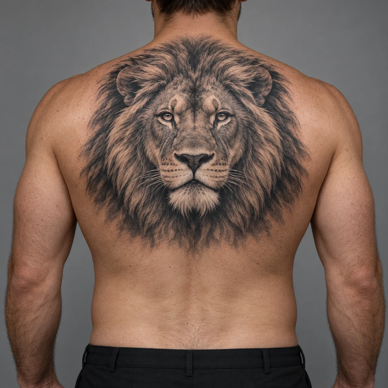Black and grey front-facing lion portrait centered between a man's shoulder blades