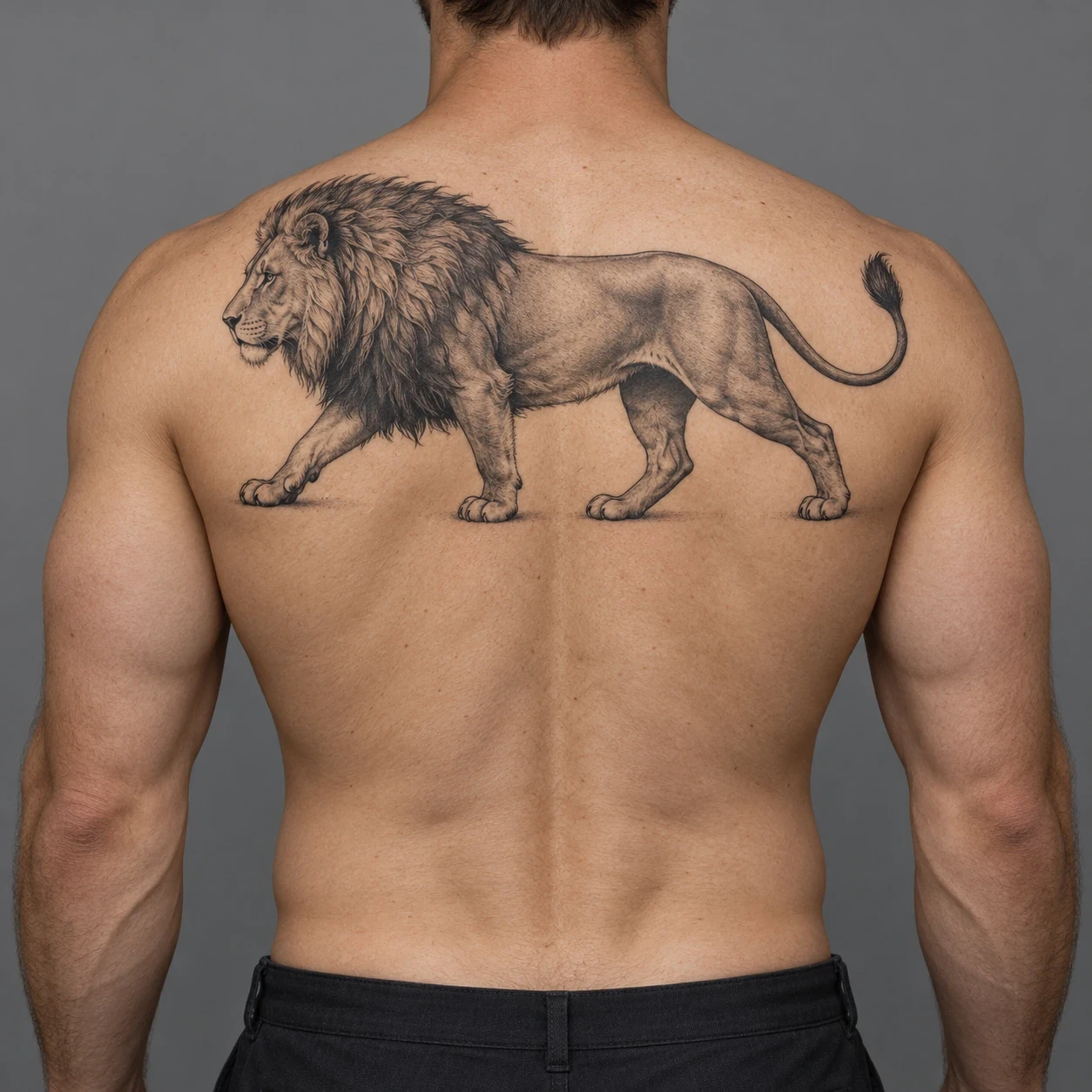 Side-view walking lion with four legs and a curved tail across a man's upper back