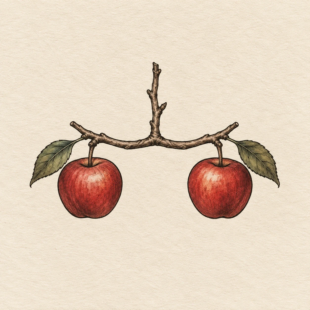 Two red apples hanging on opposite sides of a curved branch