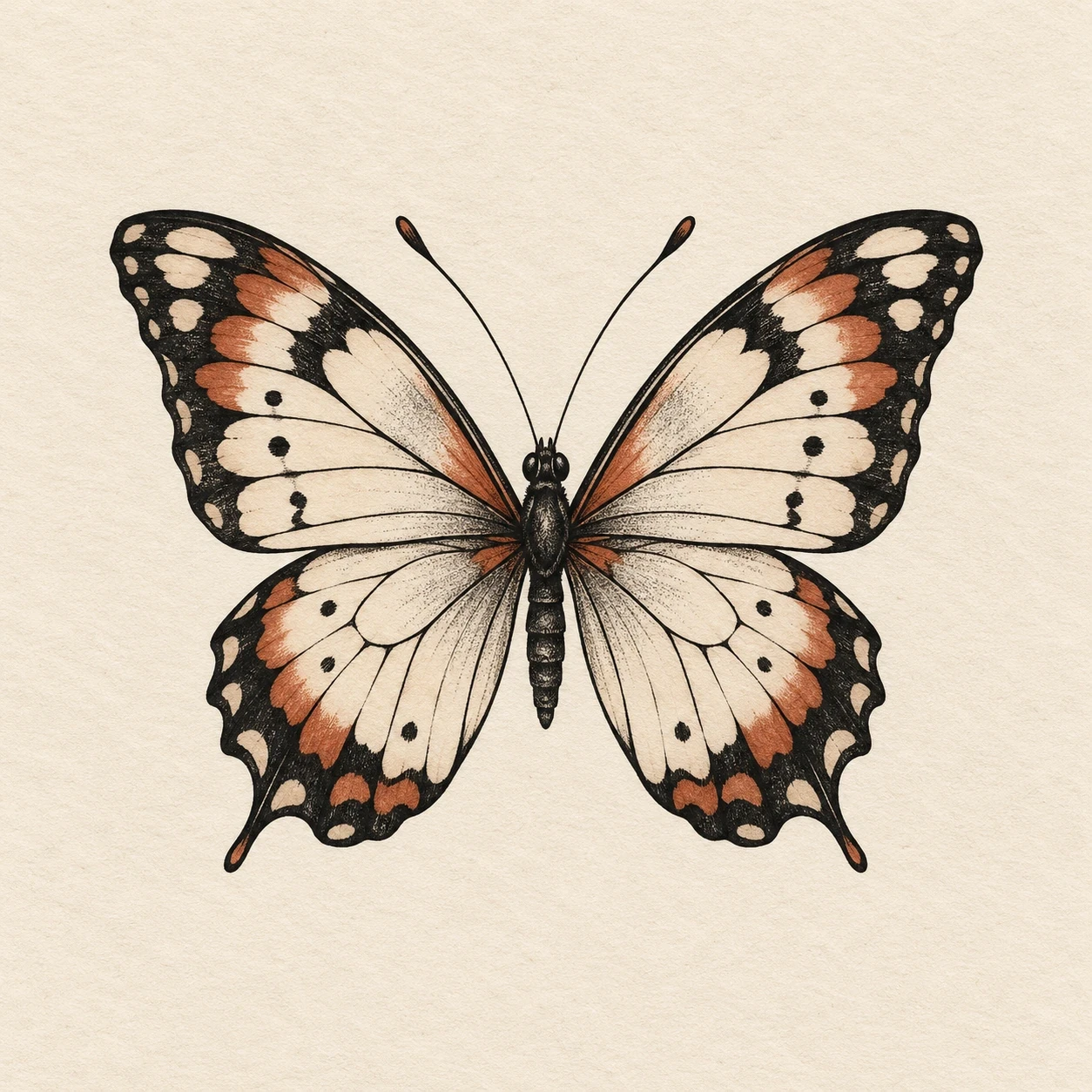 Symmetrical butterfly with four wings and pale rust accents
