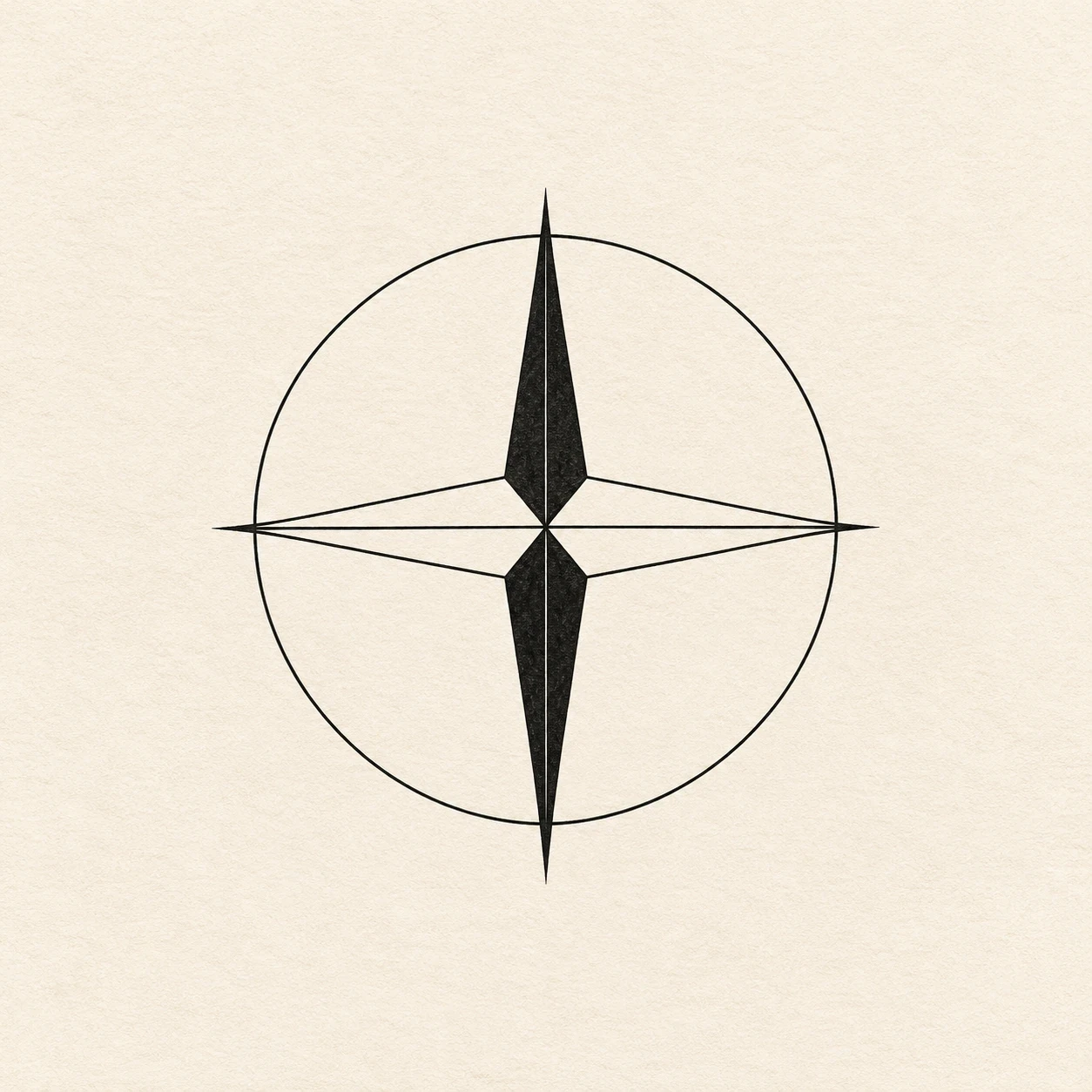 Four-point black and outlined compass rose crossing a thin circle