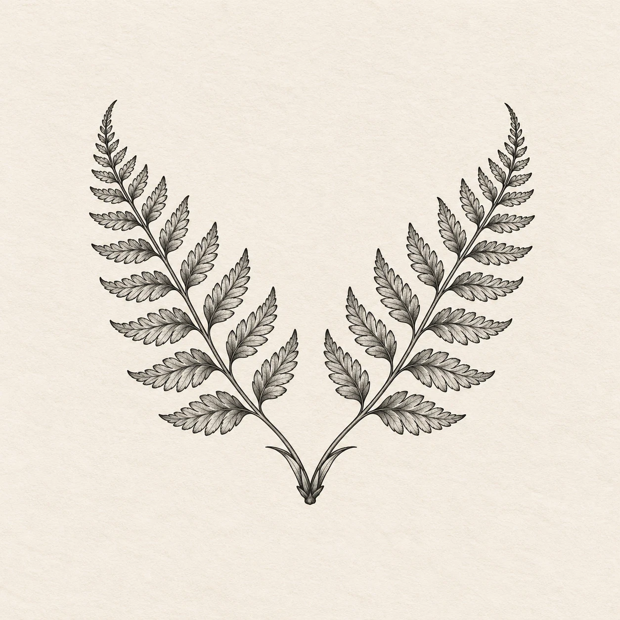 Two mirrored fern fronds curving outward from a shared base
