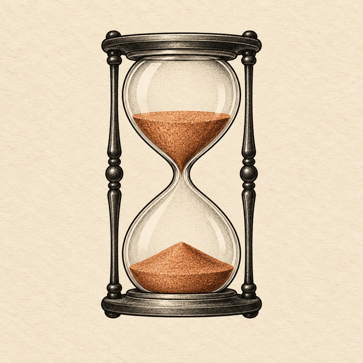 Symmetrical hourglass with rust-colored sand in both bulbs