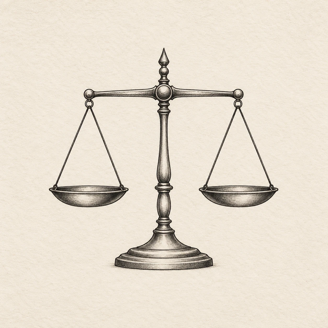 Symmetrical balance scale with two matching pans at equal height