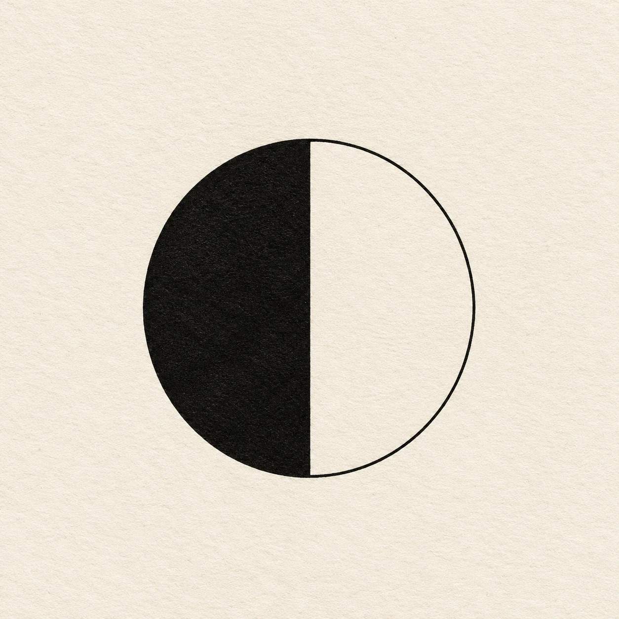 Circle divided into a solid black half and an outlined open half