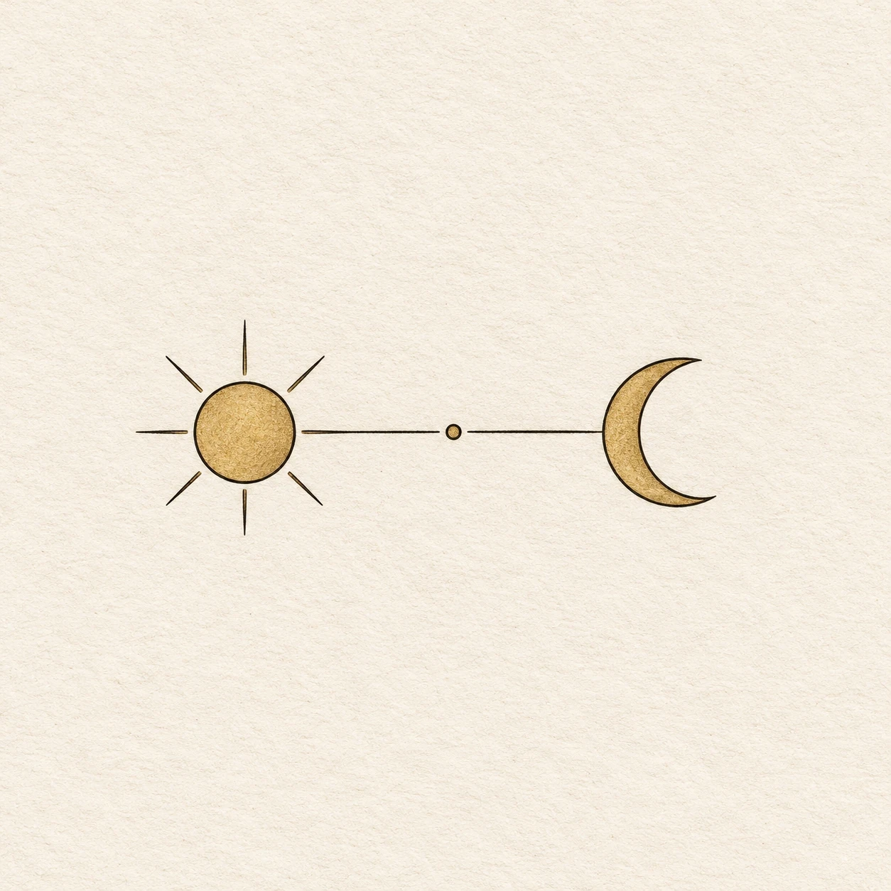 Gold sun and crescent moon joined by a fine line