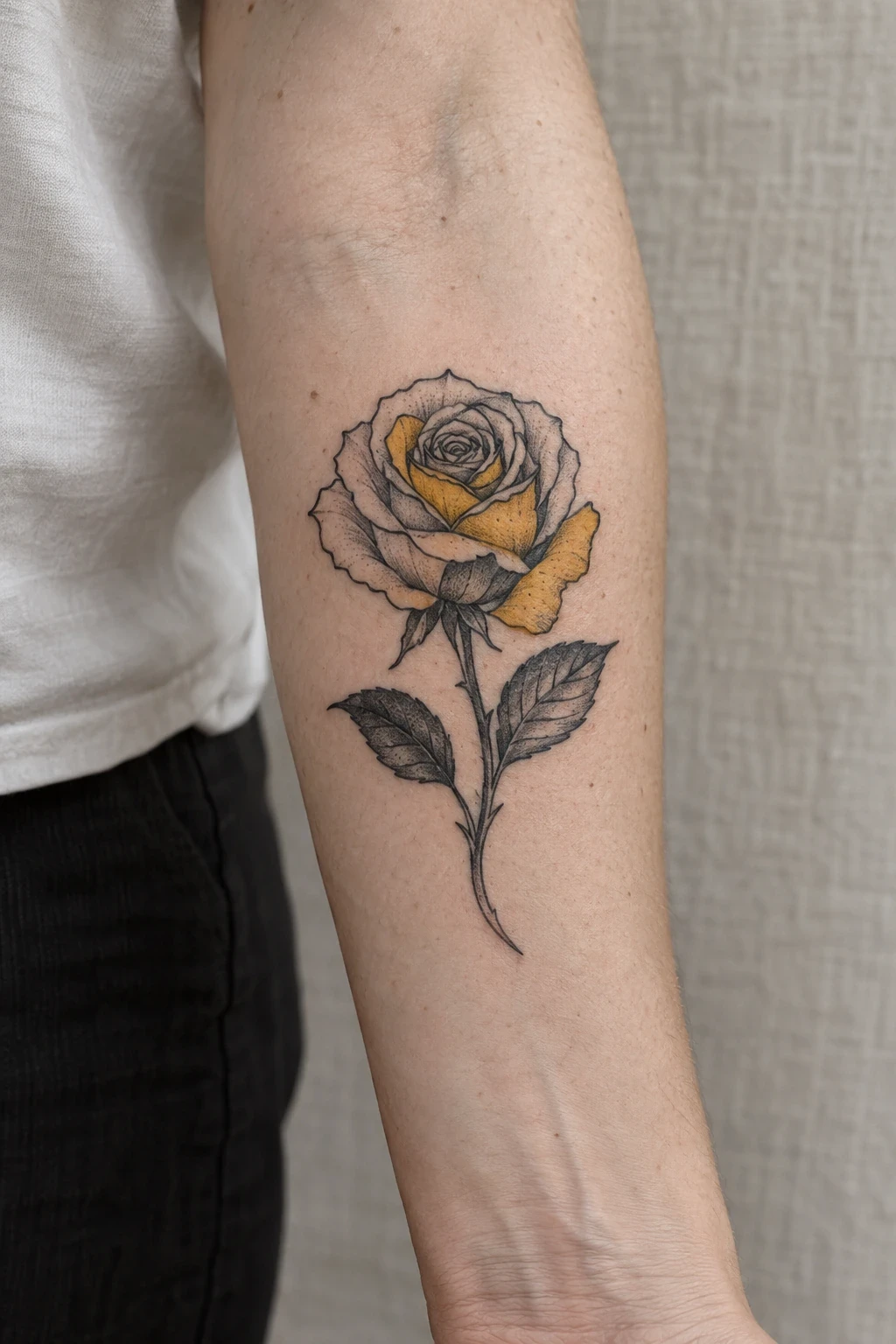 Black rose tattoo concept with three ochre petals on an inner forearm