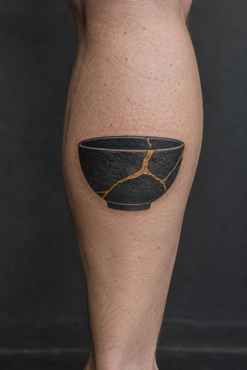 Black bowl tattoo with branching ochre repair seams on a calf