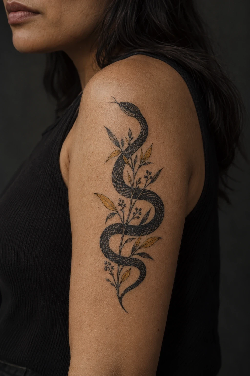 Black snake winding through a botanical sprig with ochre leaves on an upper arm