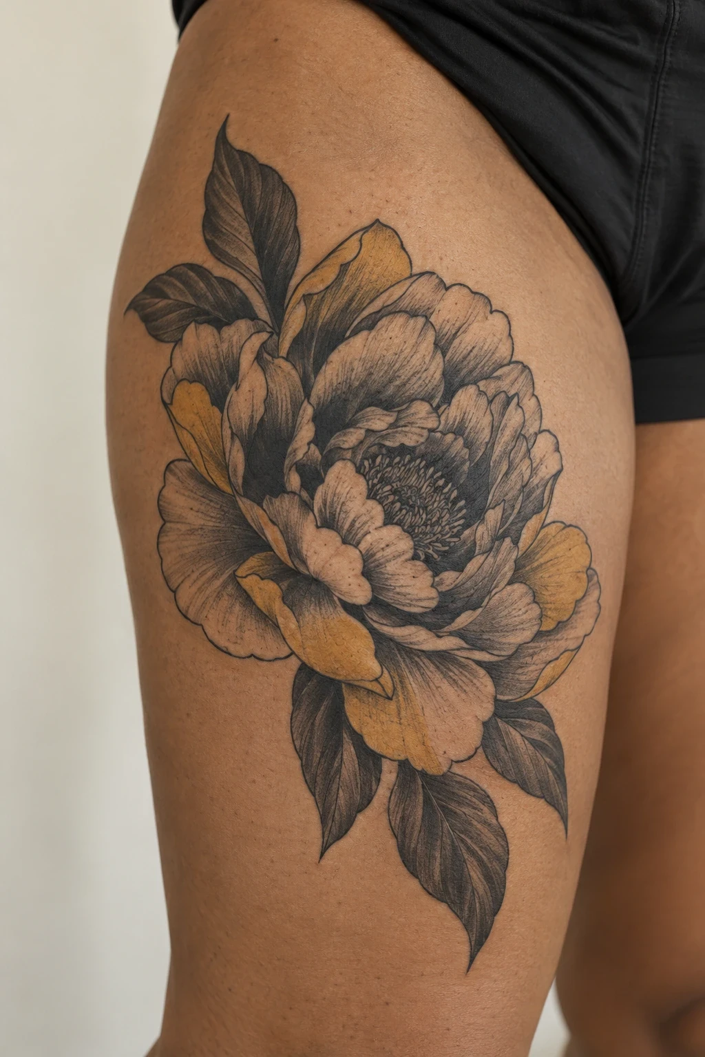 Large black illustrative peony with ochre outer petals on an outer thigh