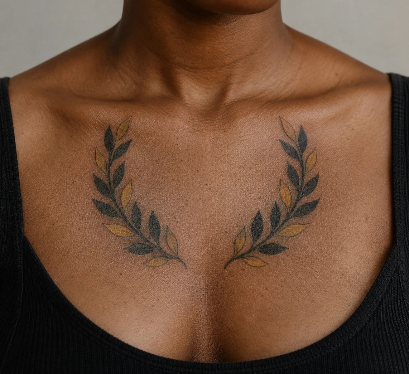 Open laurel wreath with black and ochre leaves below the collarbones