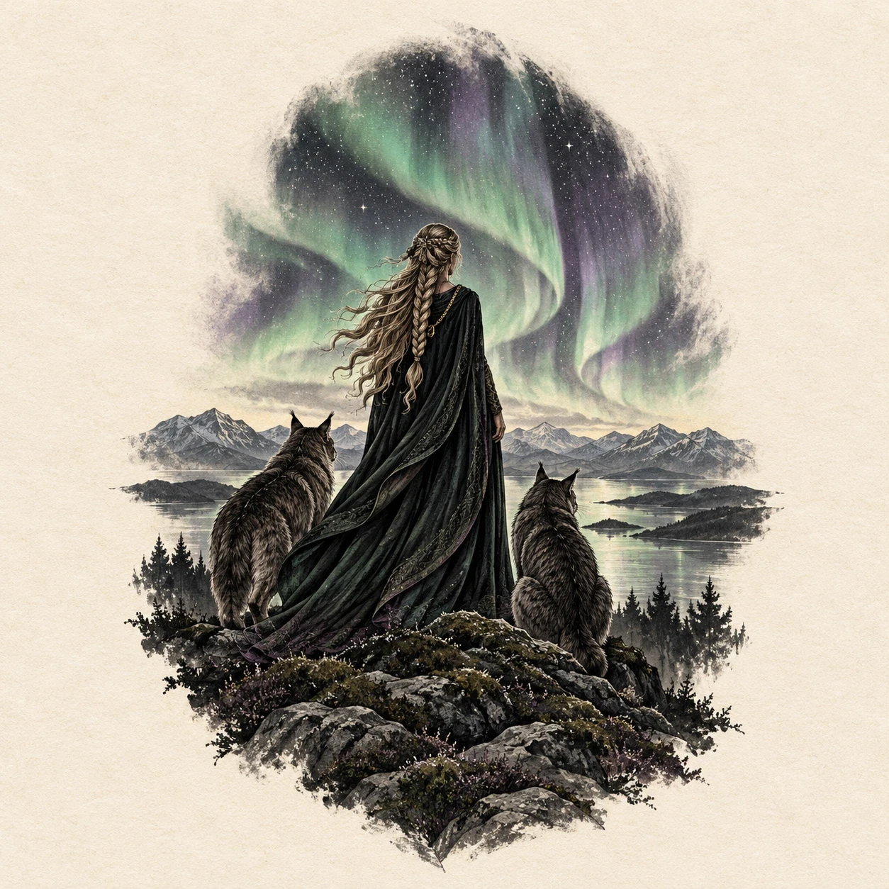 Cloaked Freyja figure with two tuft-eared cats beneath green and violet northern lights