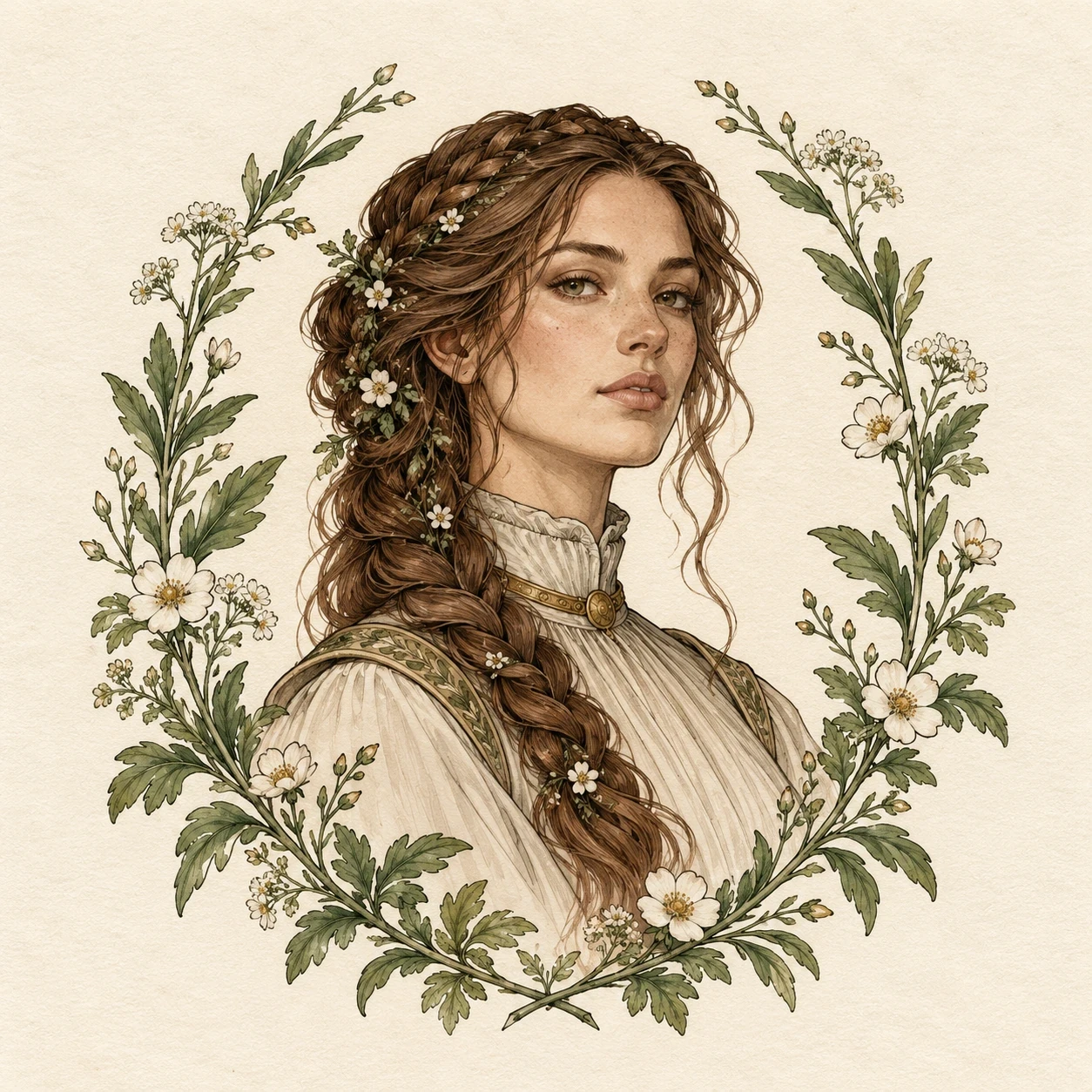 Freyja portrait framed by green leaves and small white flowers