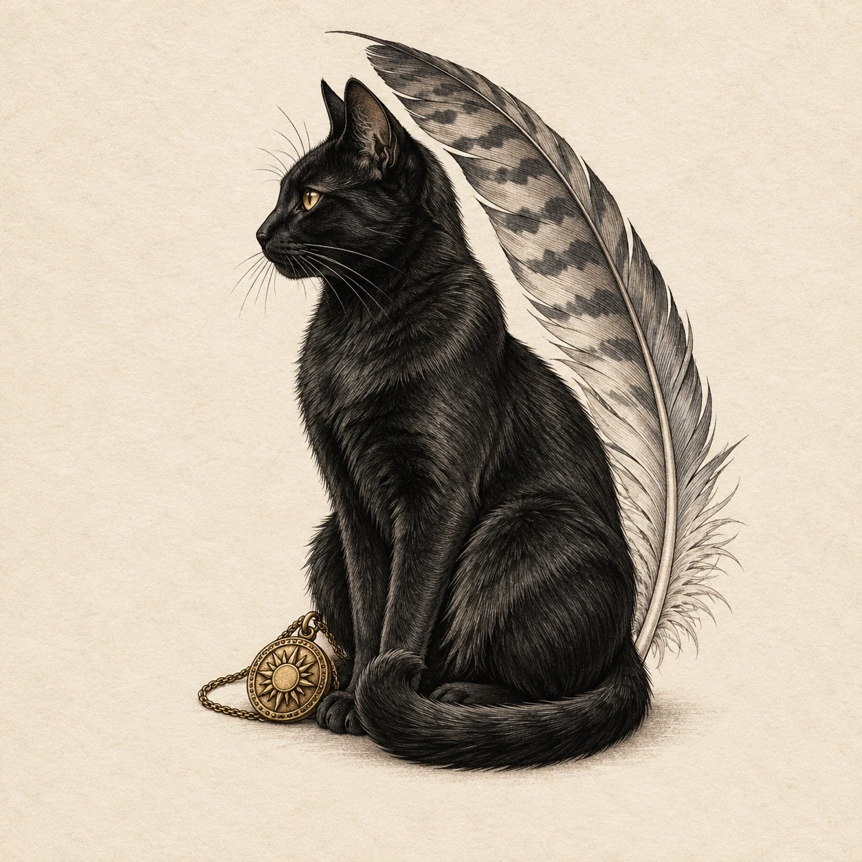 Seated black cat beside a gold pendant with a long feather behind it