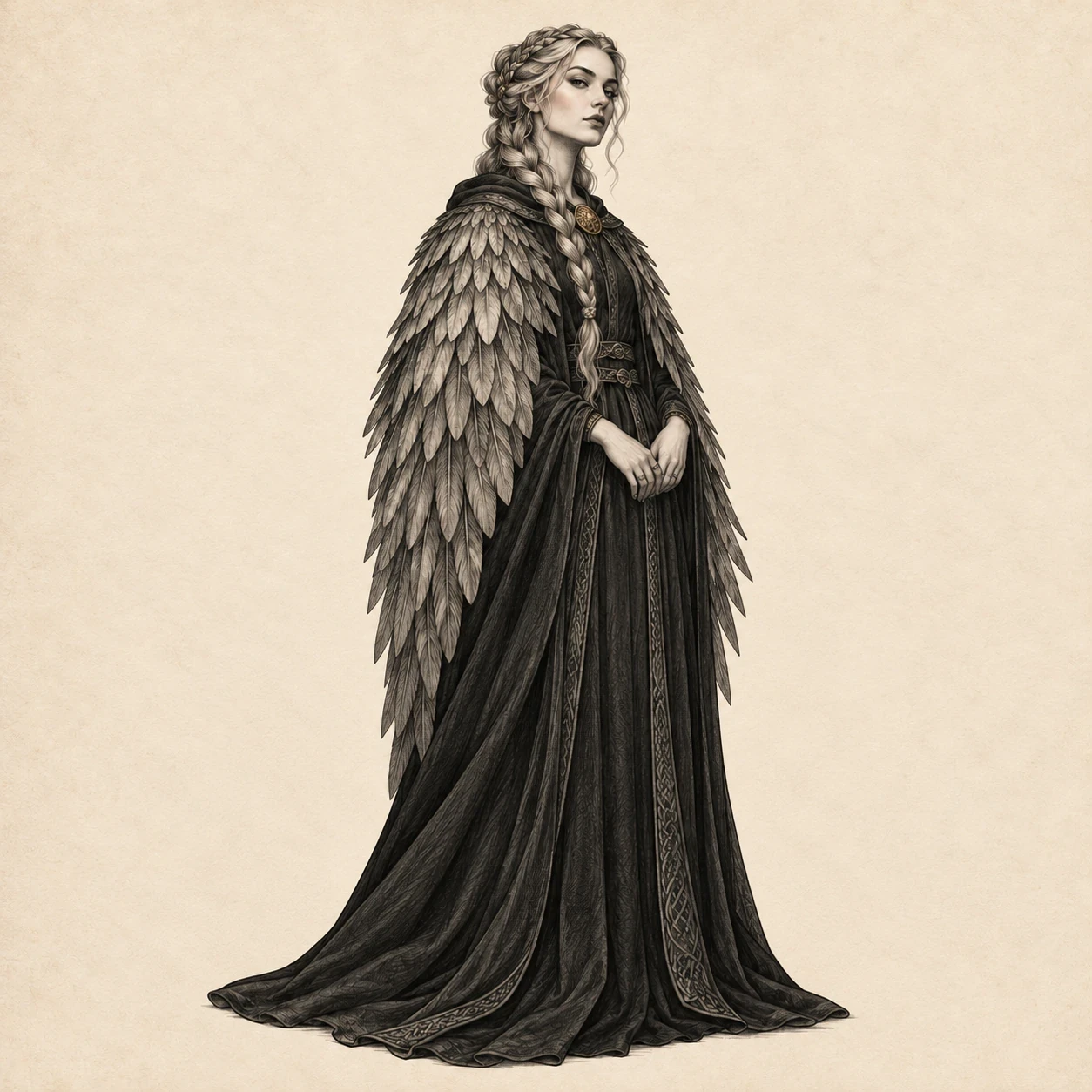 Standing Freyja figure wearing a feathered cloak fastened with a gold brooch