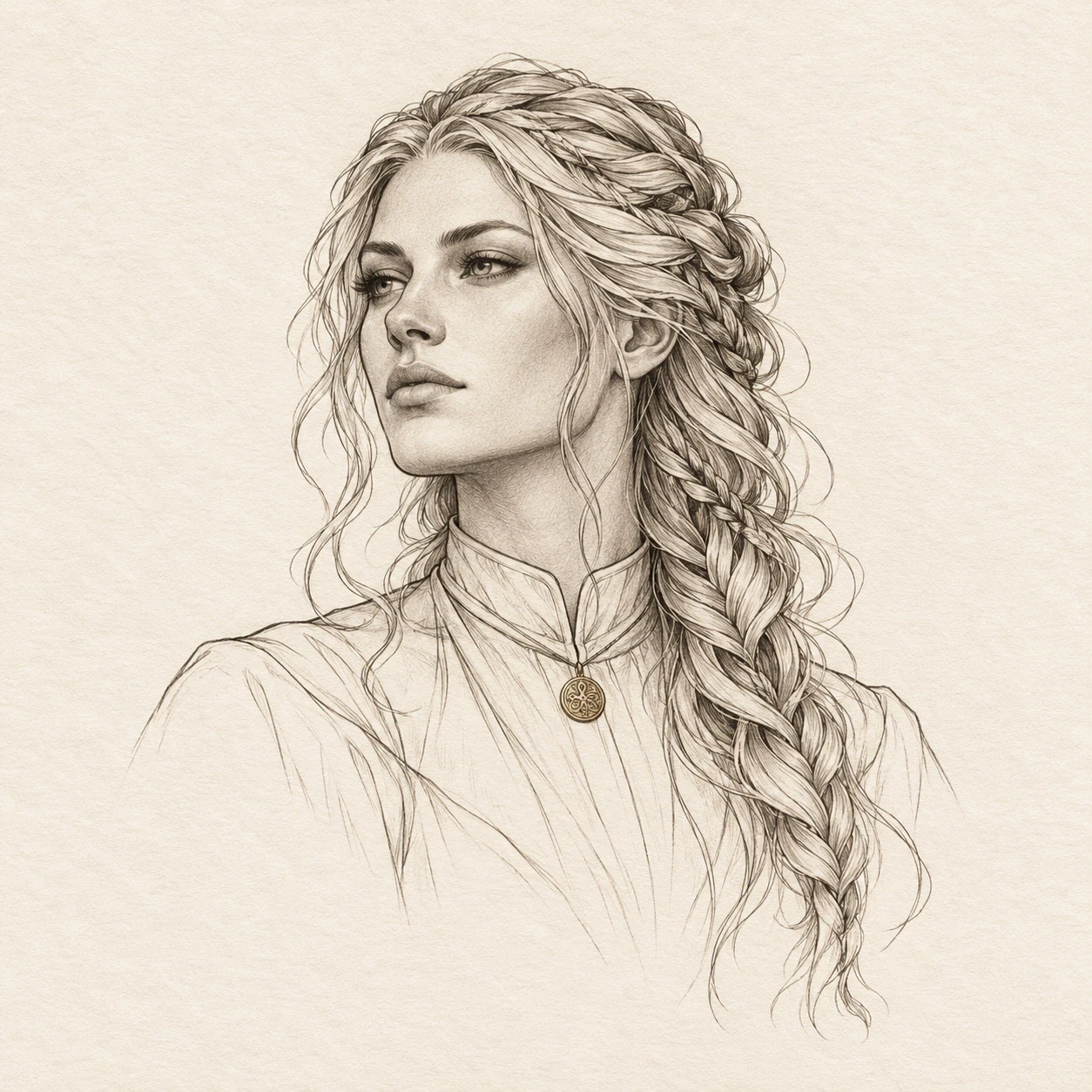 Fine-line Freyja portrait with braided hair and a small gold pendant