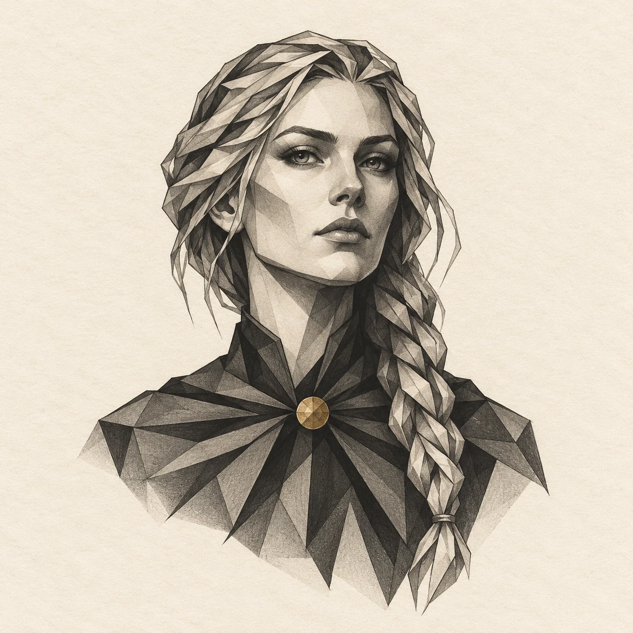 Faceted black-and-grey Freyja portrait with a braid and gold pendant