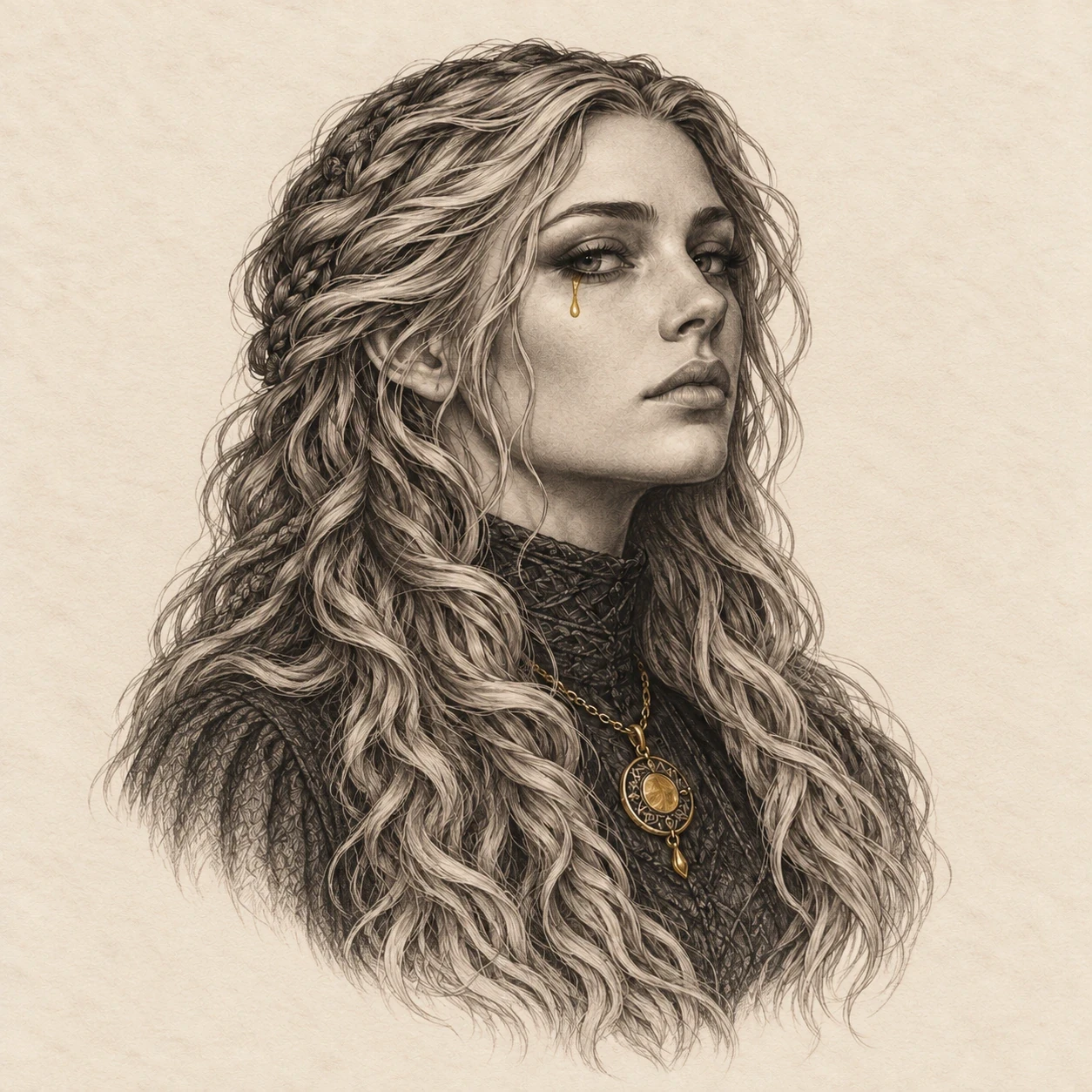 Black-and-grey Freyja face with one gold tear beneath the eye