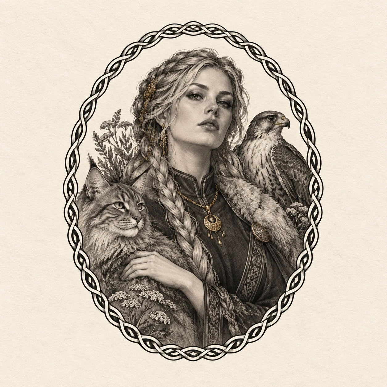 Freyja portrait holding a tuft-eared cat beside a falcon inside an oval interlace frame