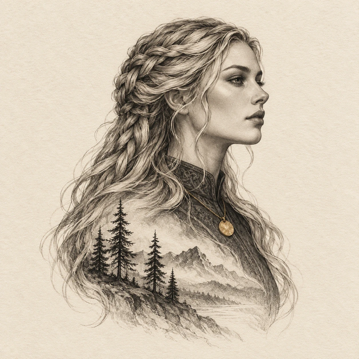 Freyja profile blending into pine trees and a mountain ridge