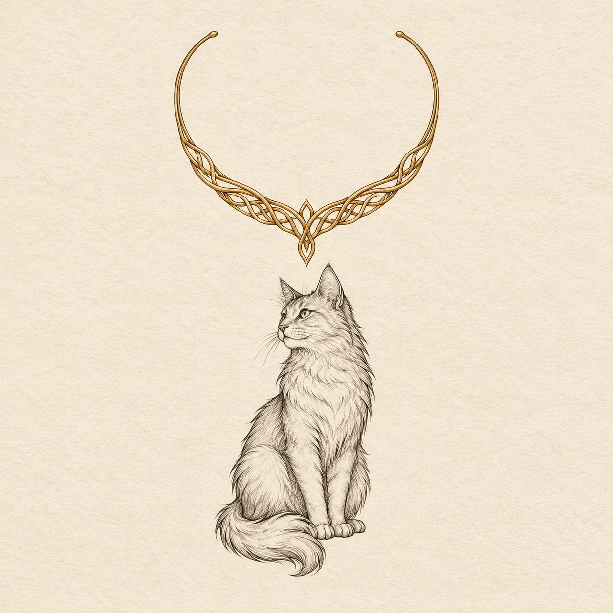 Linework seated cat beneath an open gold-colored necklace