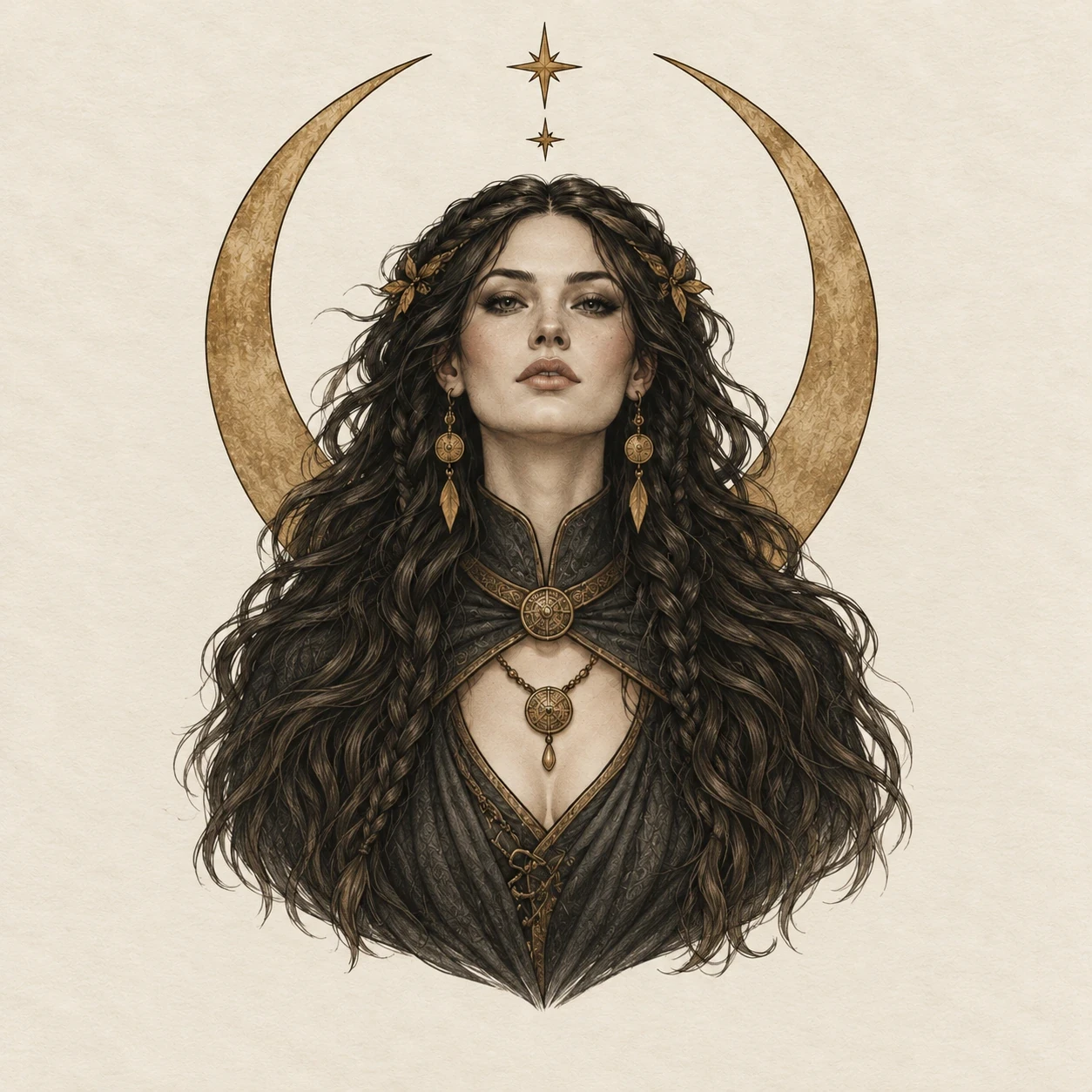Freyja portrait within a gold crescent frame with two small stars