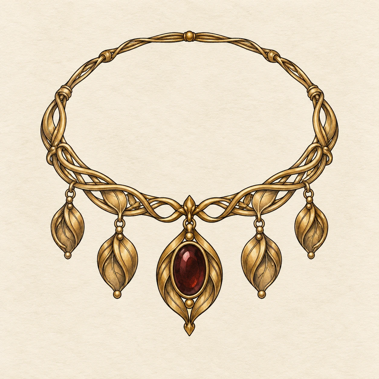 Imagined gold collar necklace with leaf-shaped pendants and a central red gem