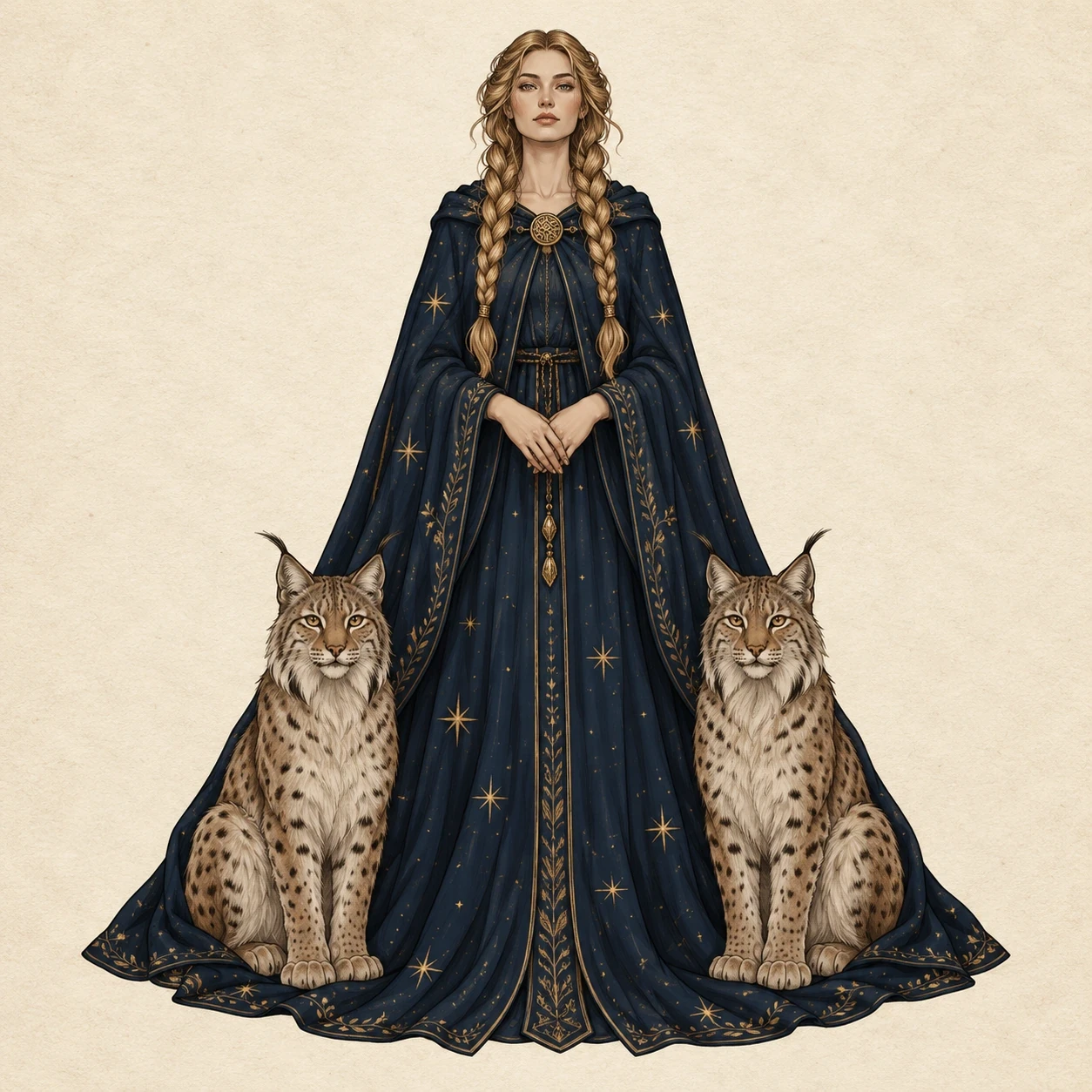 Freyja in a blue star-patterned cloak with two seated lynx companions