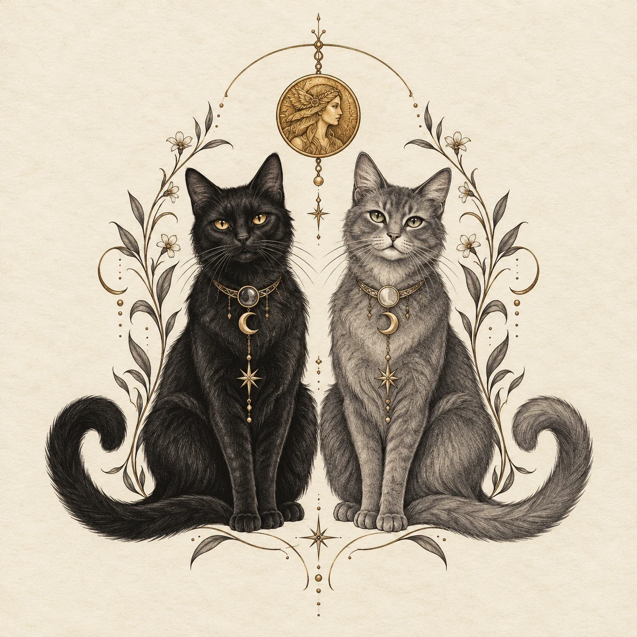 Two seated cats with gold collars beneath a portrait medallion and floral branches