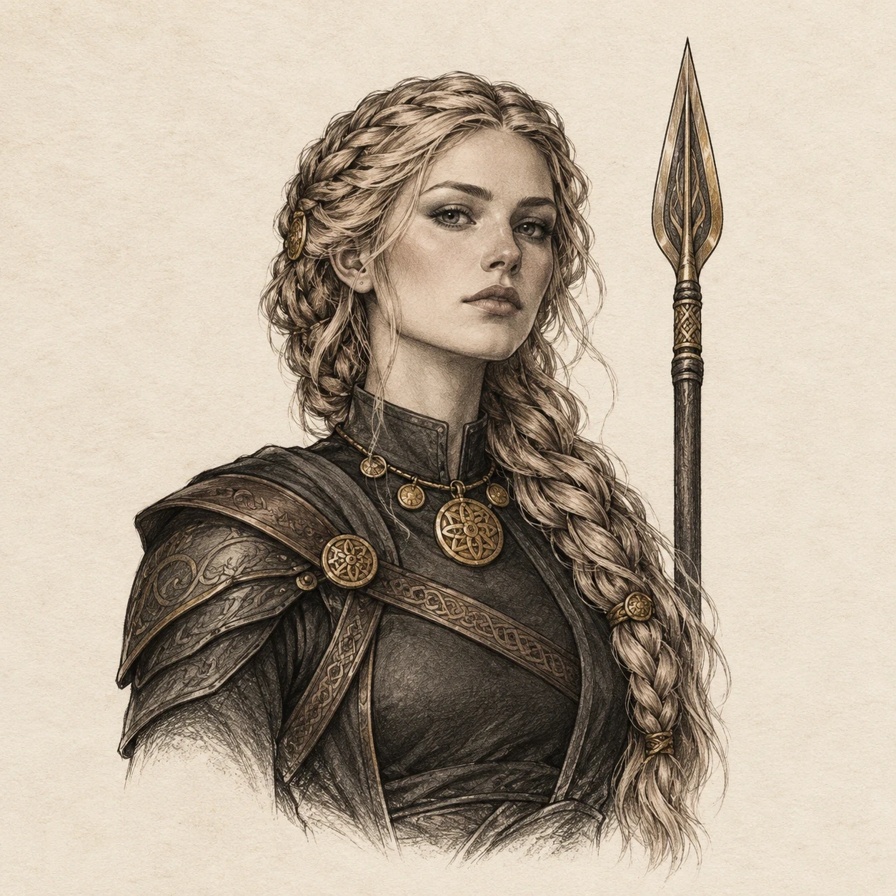 Modern warrior interpretation of Freyja beside a simple spear
