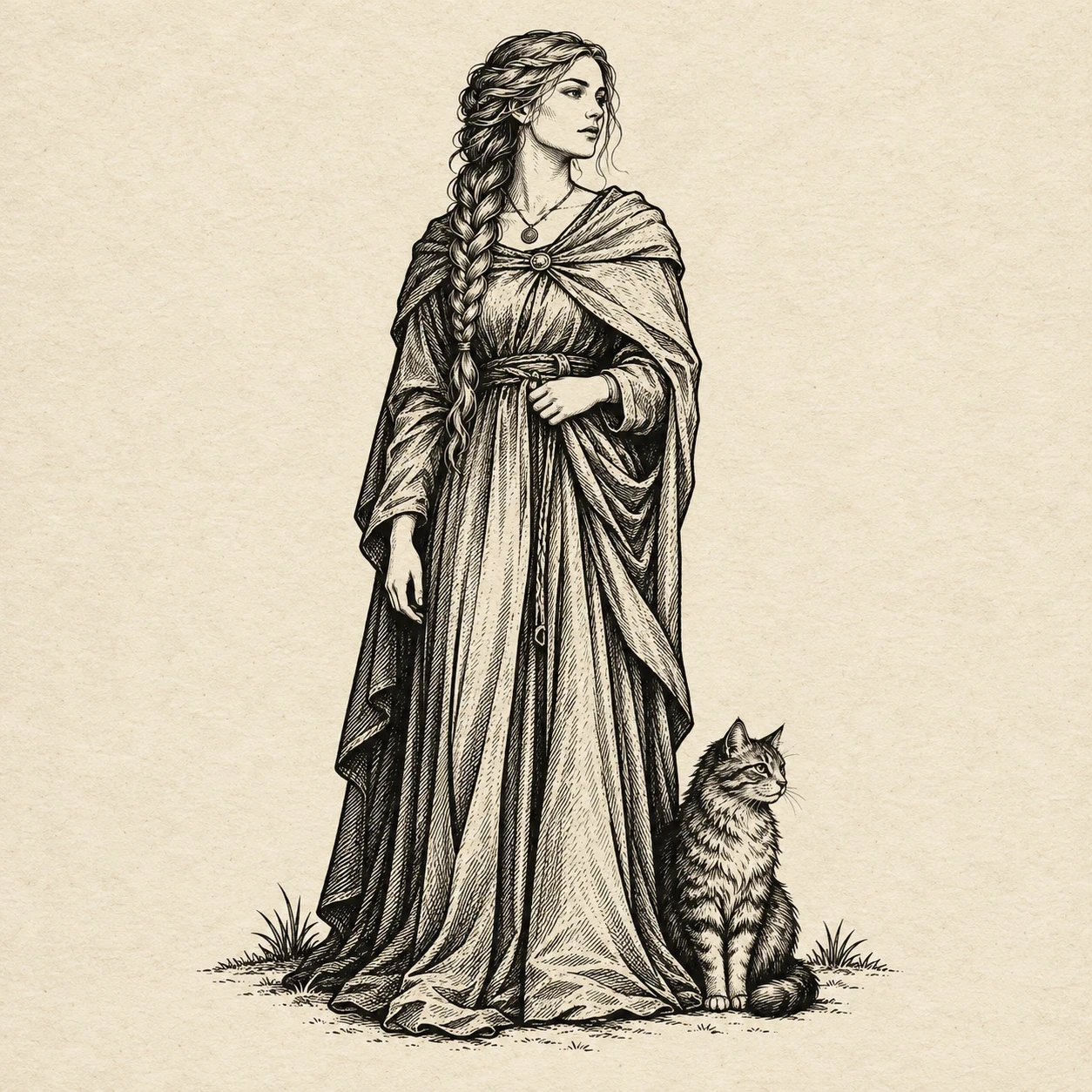 Woodcut-style Freyja in a long robe beside a seated cat