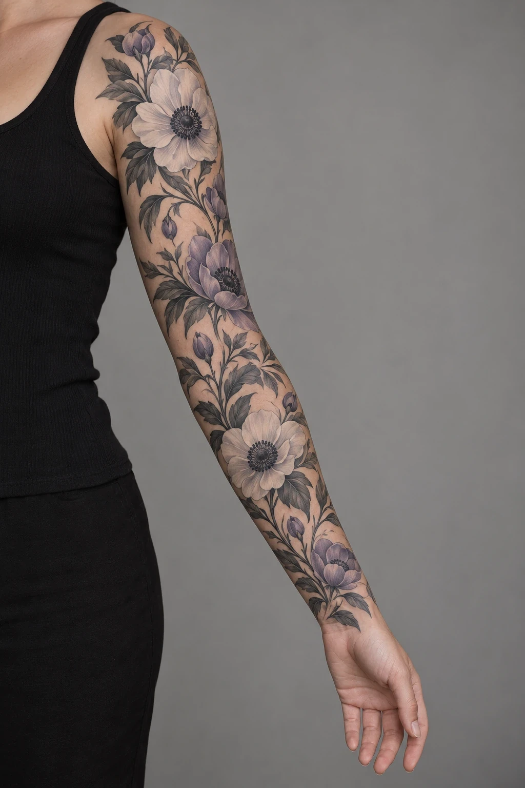 Pale lavender and white anemones with dark centers in a full sleeve