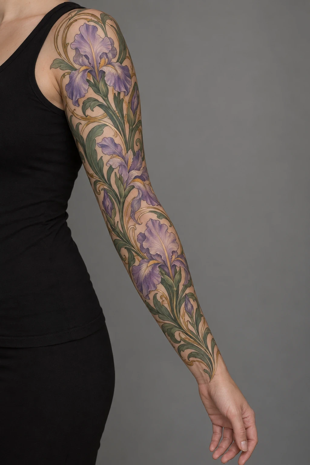 Art Nouveau-inspired irises with curved green stems and ochre outlines in a full sleeve