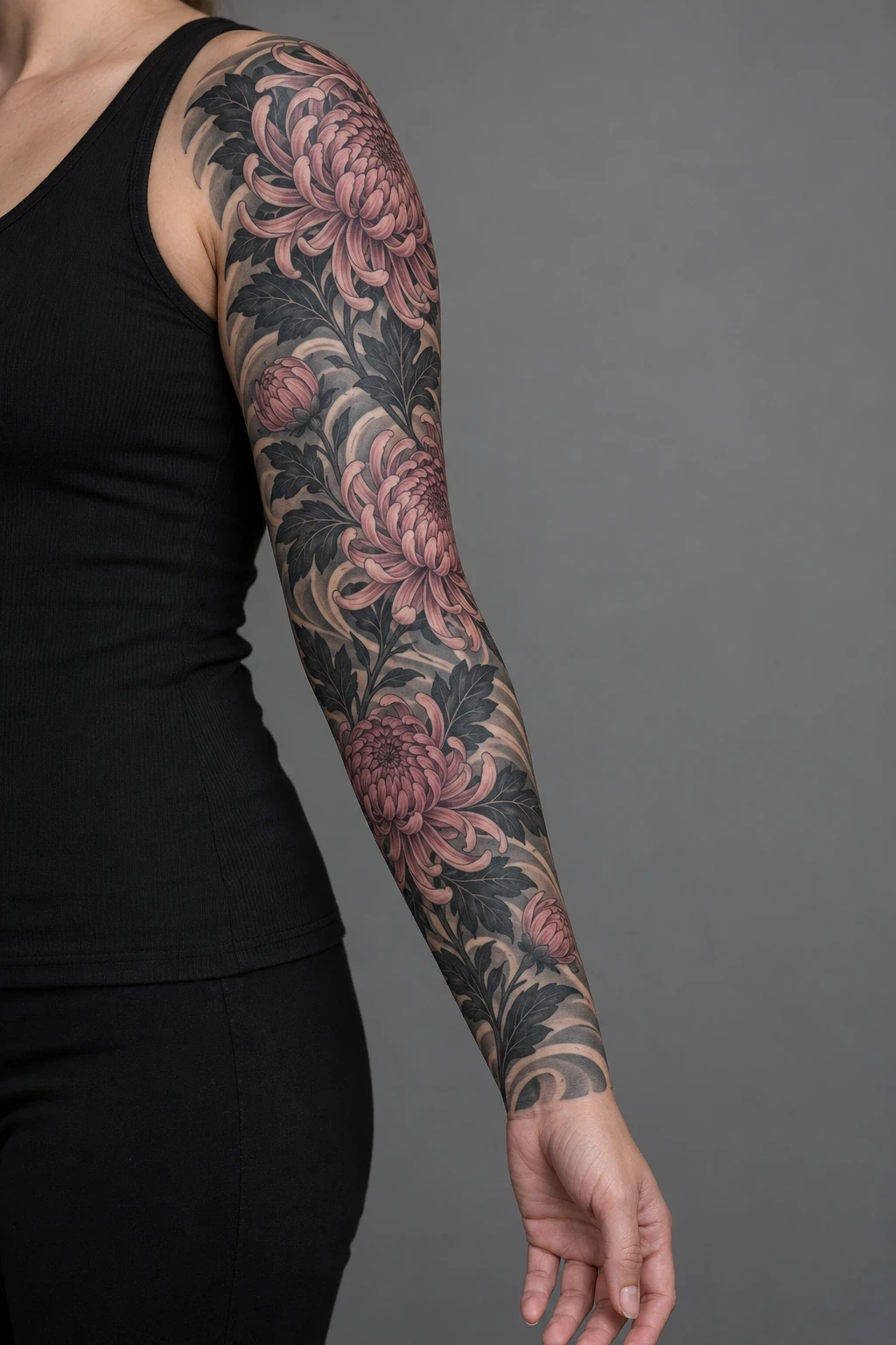 Pink chrysanthemums and dark leaves in a full arm sleeve