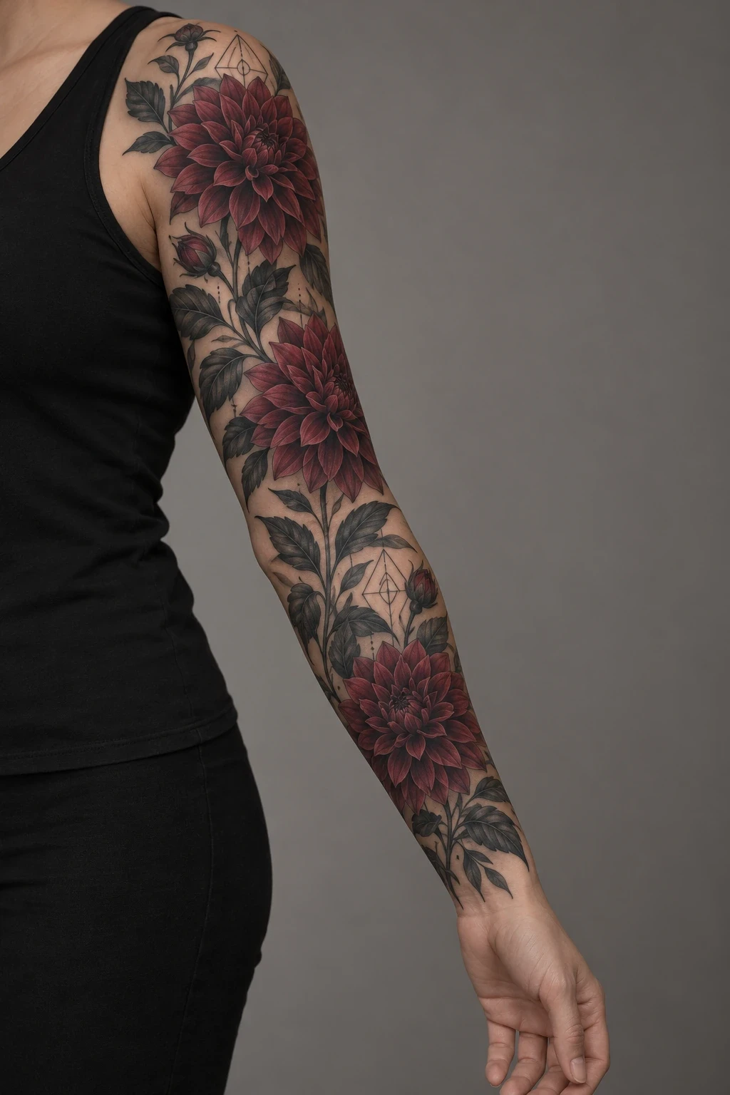 Burgundy dahlias with subtle geometric framing in a full sleeve