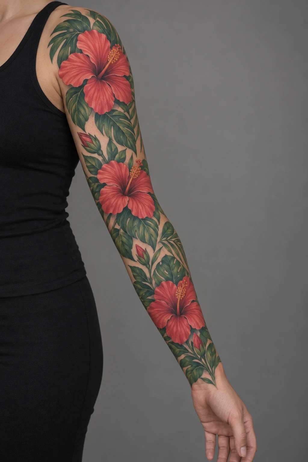 Coral hibiscus flowers and lush green foliage in a full sleeve